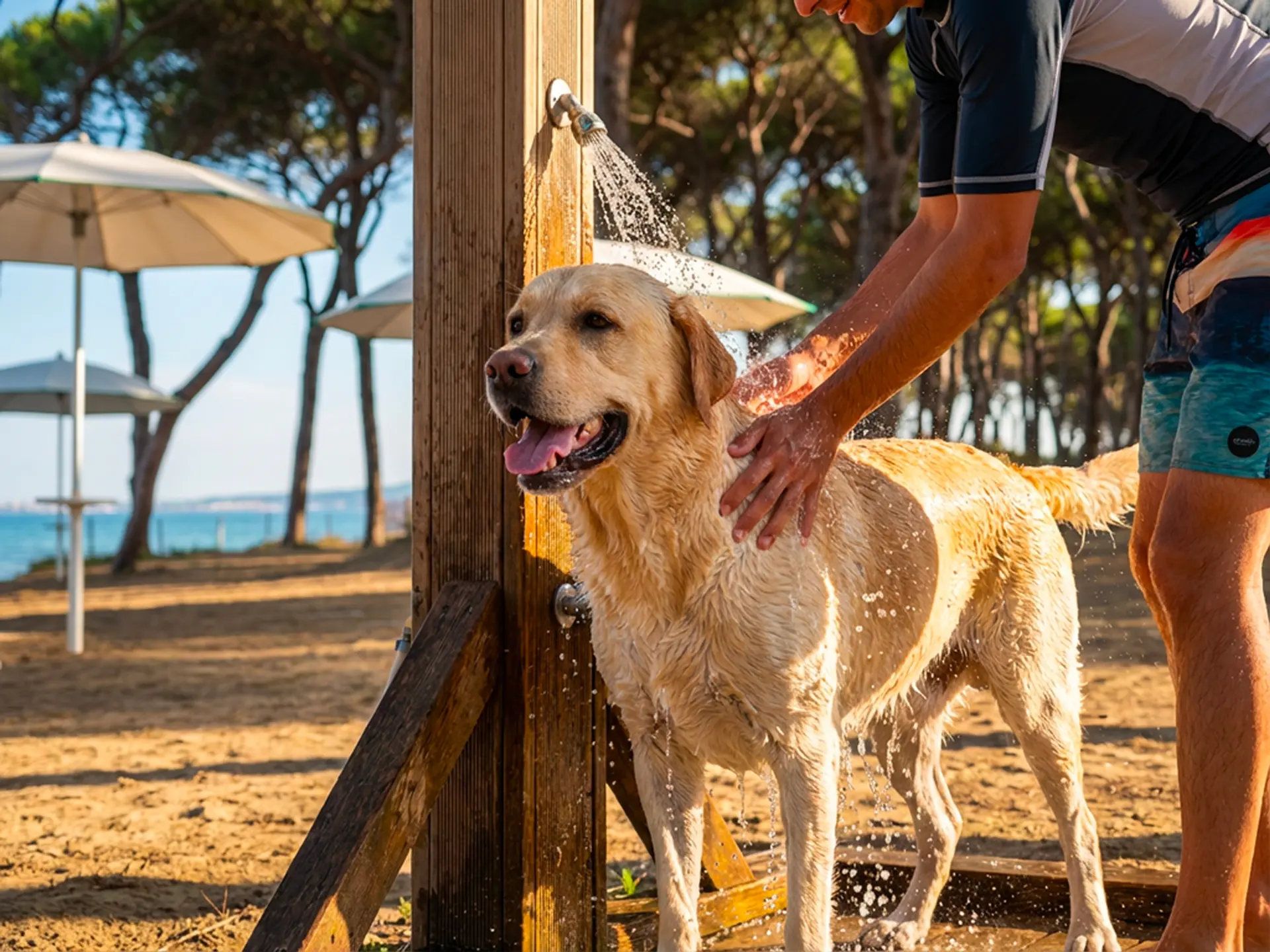 spiaggia-cani-piombino-doccia Labrador alla doccia per cani - Torremozza Oasi Dog, spiaggia pet friendly Piombino